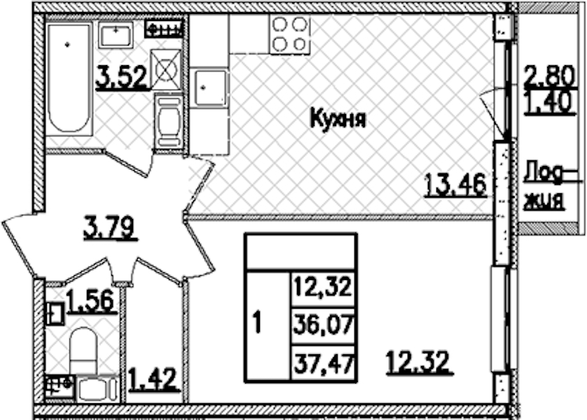 1-комнатная квартира 37.47 м², 6/9 эт., ЖК «Кинопарк»