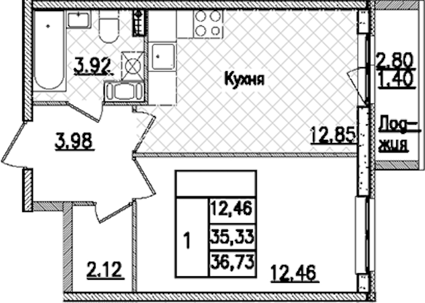 1-комнатная квартира 36.73 м², 7/9 эт., ЖК «Кинопарк»