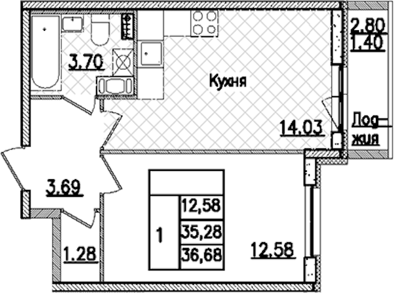 1-комнатная квартира 36.68 м², 7/9 эт., ЖК «Кинопарк»