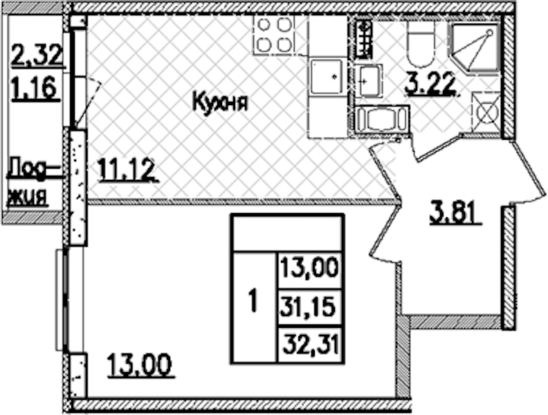 1-комнатная квартира 32.31 м², 7/9 эт., ЖК «Кинопарк»