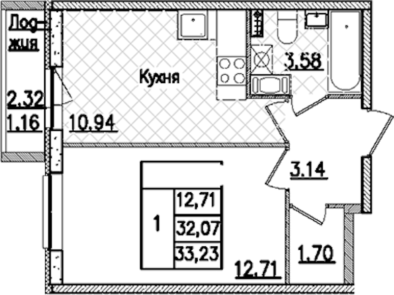 1-комнатная квартира 33.23 м², 7/9 эт., ЖК «Кинопарк»