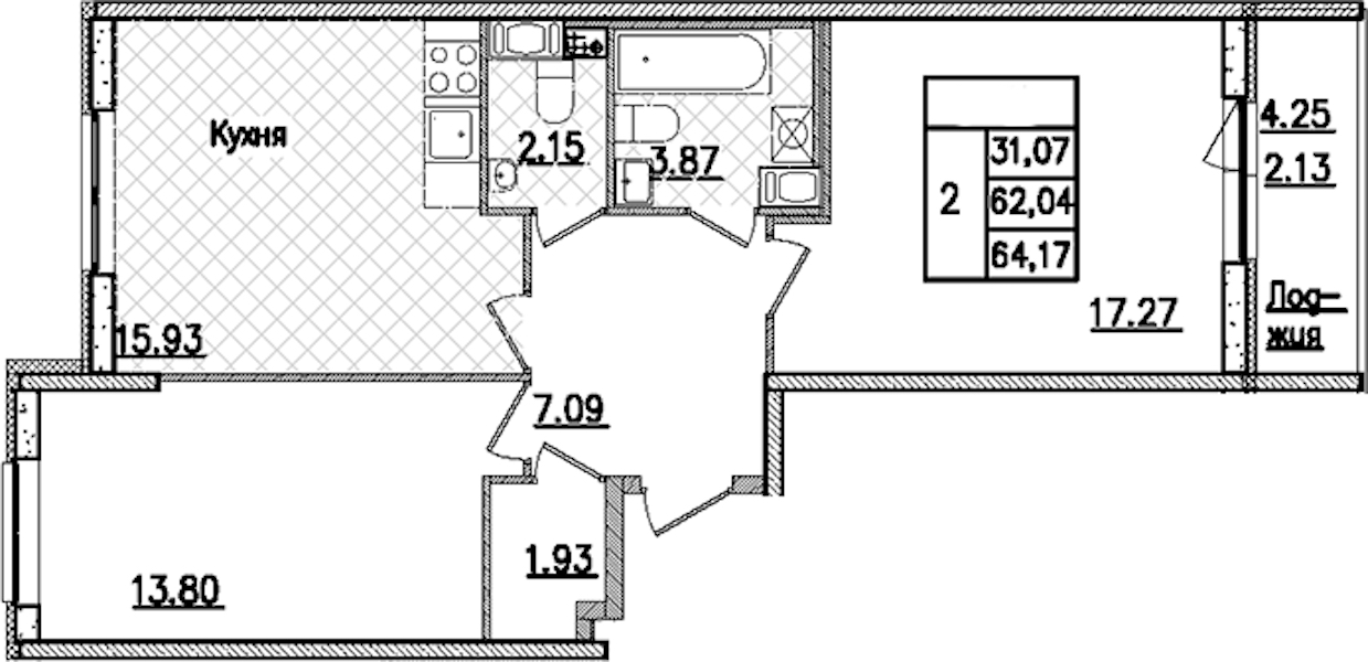 2-комнатная квартира 64.17 м², 8/9 эт., ЖК «Кинопарк»