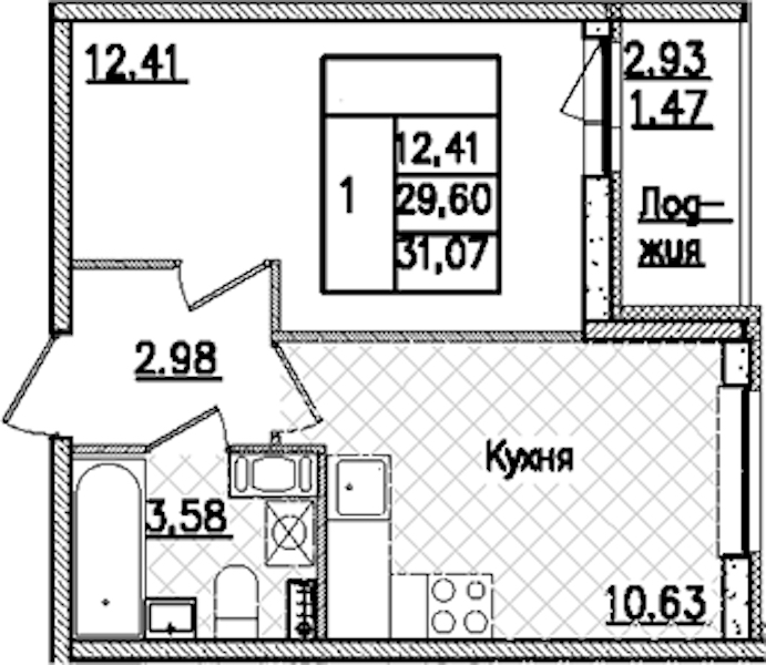 1-комнатная квартира 31.07 м², 9/9 эт., ЖК «Кинопарк»