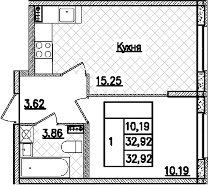 1-комнатная квартира 32.92 м², 1/9 эт., ЖК «Кинопарк»