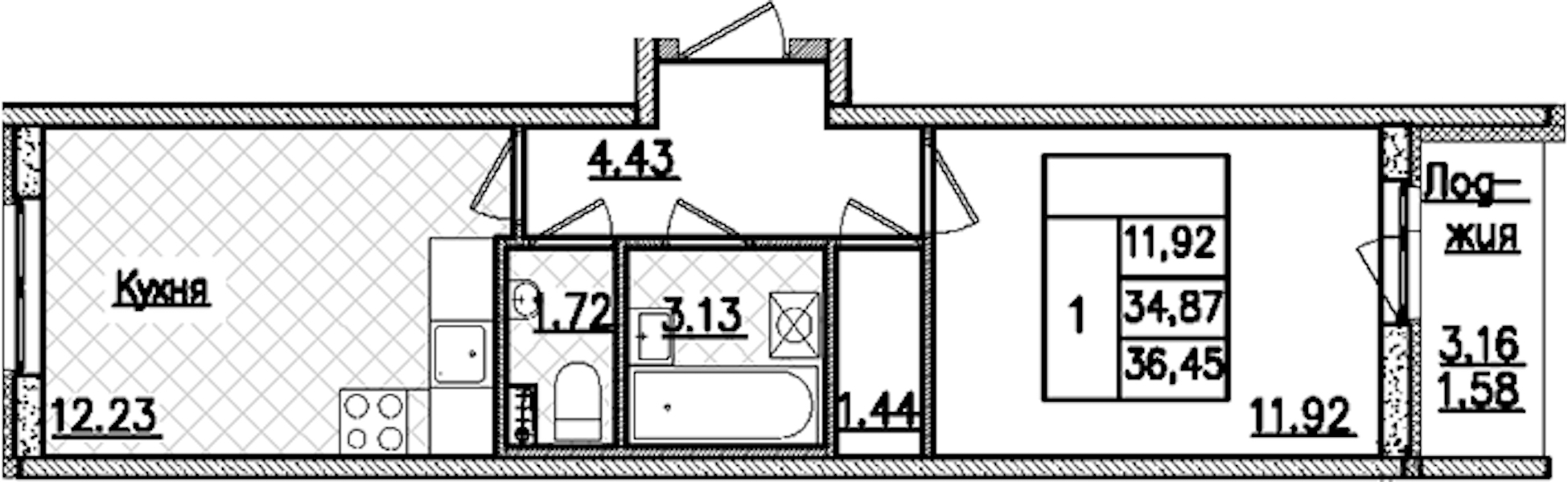 1-комнатная квартира 36.45 м², 2/9 эт., ЖК «Кинопарк»
