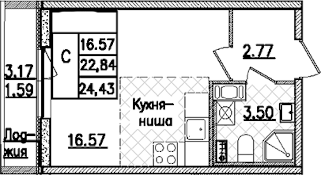 Квартира студия 24.43 м², 3/9 эт., ЖК «Кинопарк»
