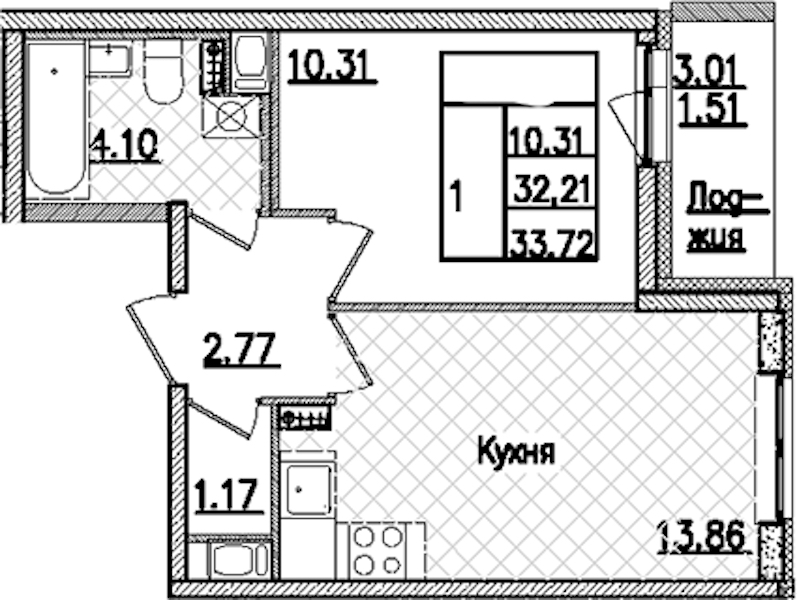 1-комнатная квартира 33.72 м², 5/9 эт., ЖК «Кинопарк»