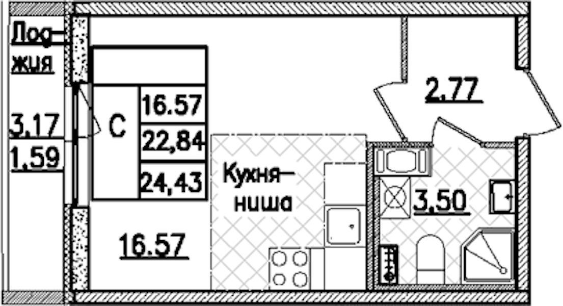 Квартира студия 24.43 м², 6/9 эт., ЖК «Кинопарк»