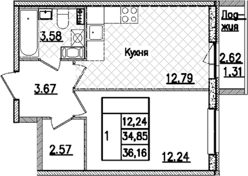 1-комнатная квартира 36.16 м², 7/9 эт., ЖК «Кинопарк»