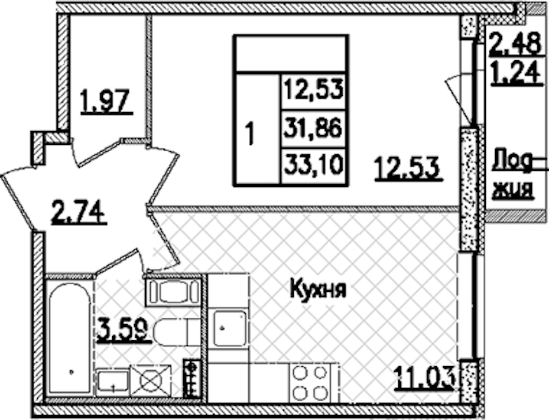 1-комнатная квартира 33.1 м², 8/9 эт., ЖК «Кинопарк»