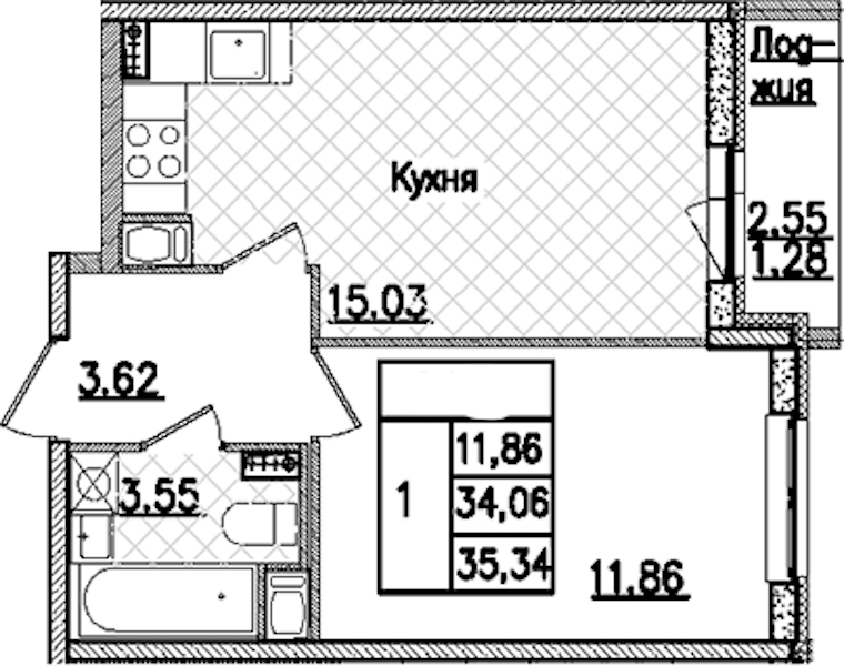 1-комнатная квартира 35.34 м², 9/9 эт., ЖК «Кинопарк»