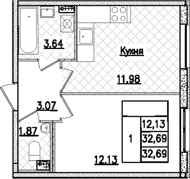 1-комнатная квартира 32.69 м², 1/9 эт., ЖК «Кинопарк»