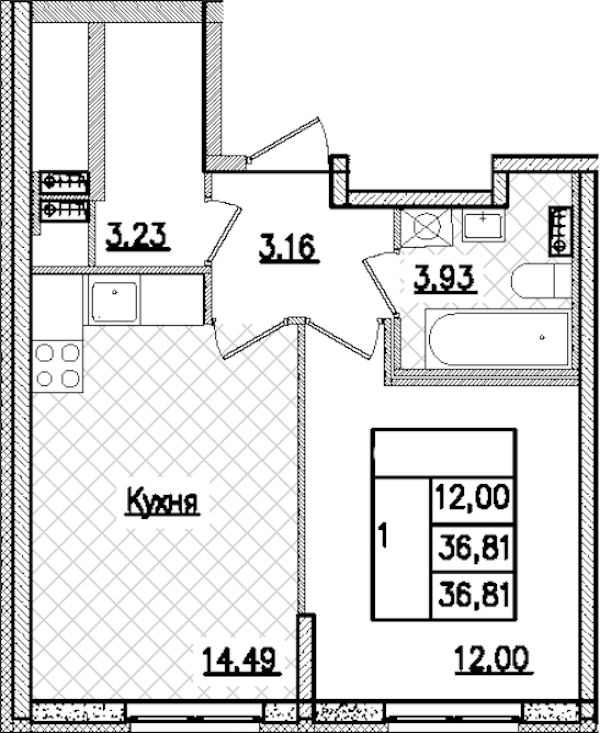 1-комнатная квартира 36.81 м², 1/9 эт., ЖК «Кинопарк»