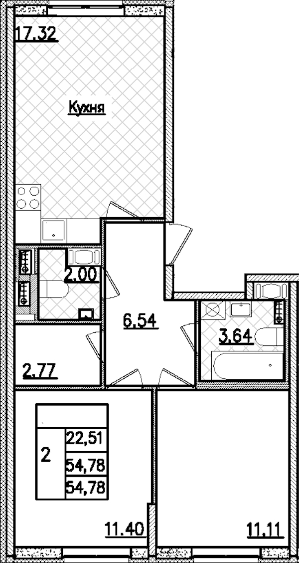 2-комнатная квартира 54.78 м², 2/9 эт., ЖК «Кинопарк»