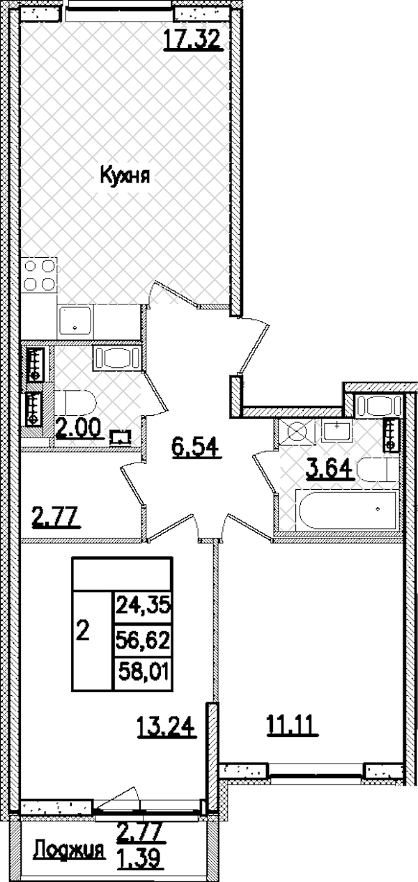 2-комнатная квартира 58.01 м², 3/9 эт., ЖК «Кинопарк»