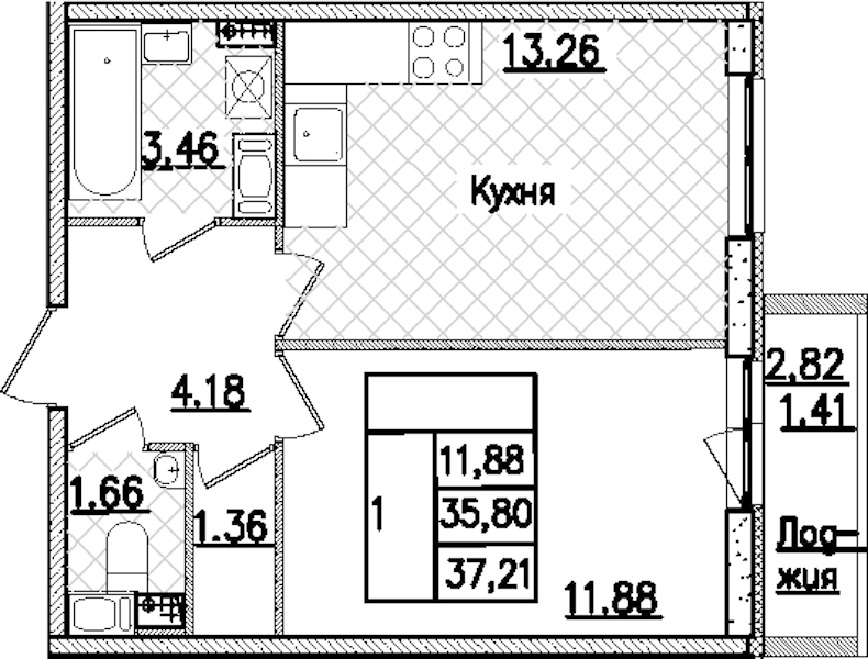 1-комнатная квартира 37.21 м², 7/9 эт., ЖК «Кинопарк»