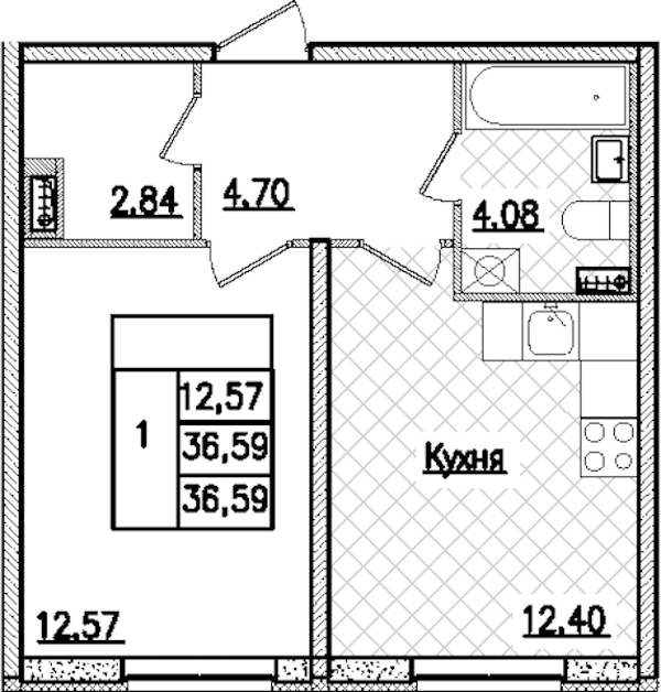 1-комнатная квартира 36.59 м², 1/9 эт., ЖК «Кинопарк»