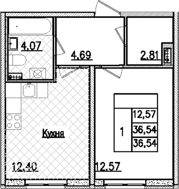 1-комнатная квартира 36.54 м², 2/9 эт., ЖК «Кинопарк»