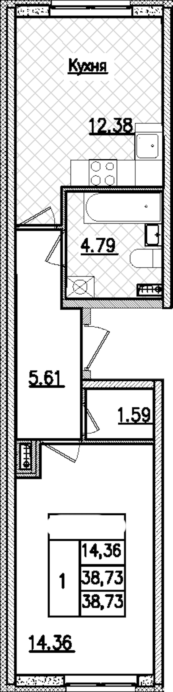 1-комнатная квартира 38.73 м², 2/9 эт., ЖК «Кинопарк»