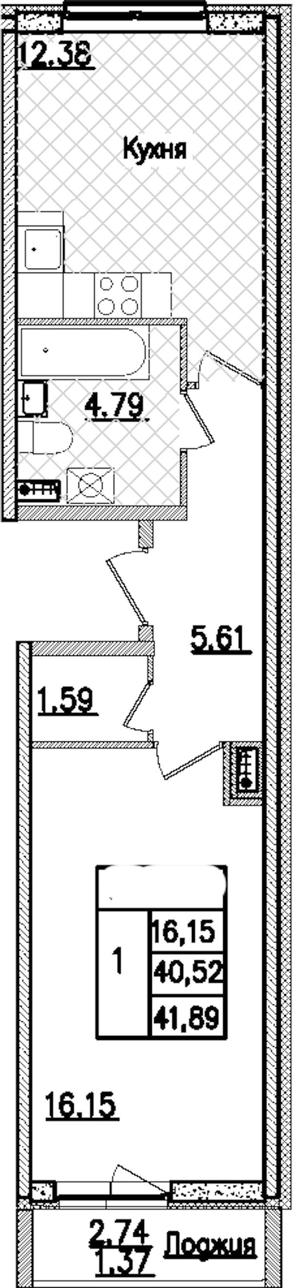 1-комнатная квартира 41.89 м², 3/9 эт., ЖК «Кинопарк»
