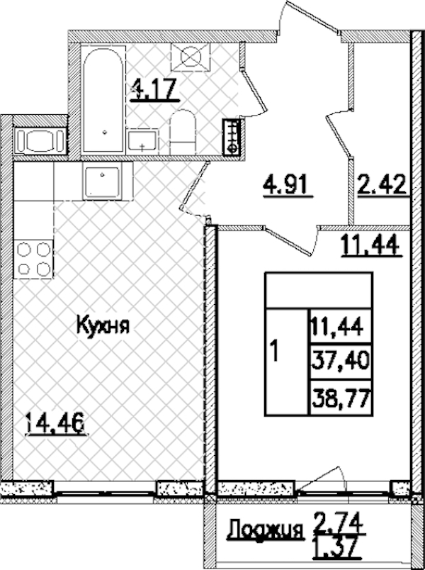 1-комнатная квартира 38.77 м², 7/9 эт., ЖК «Кинопарк»