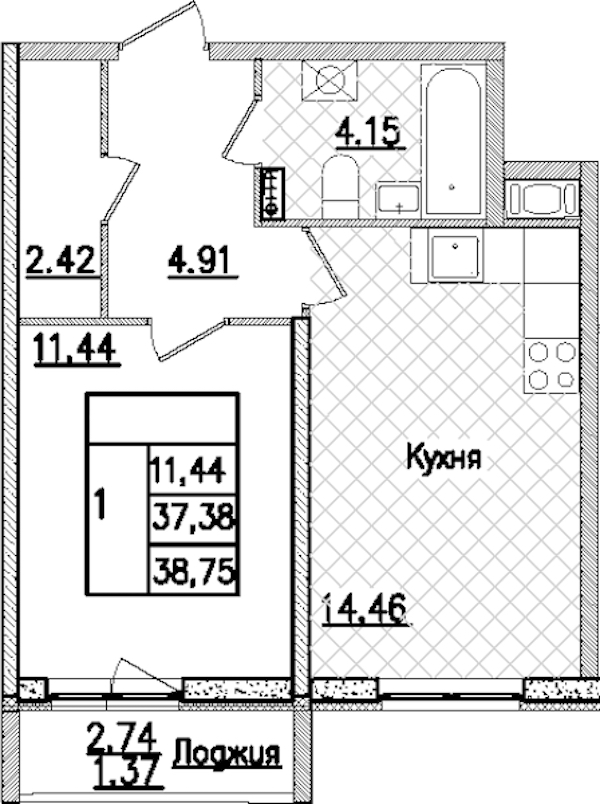 1-комнатная квартира 38.75 м², 8/9 эт., ЖК «Кинопарк»