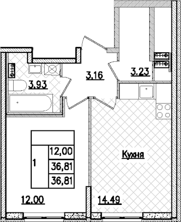 1-комнатная квартира 36.81 м², 1/9 эт., ЖК «Кинопарк»