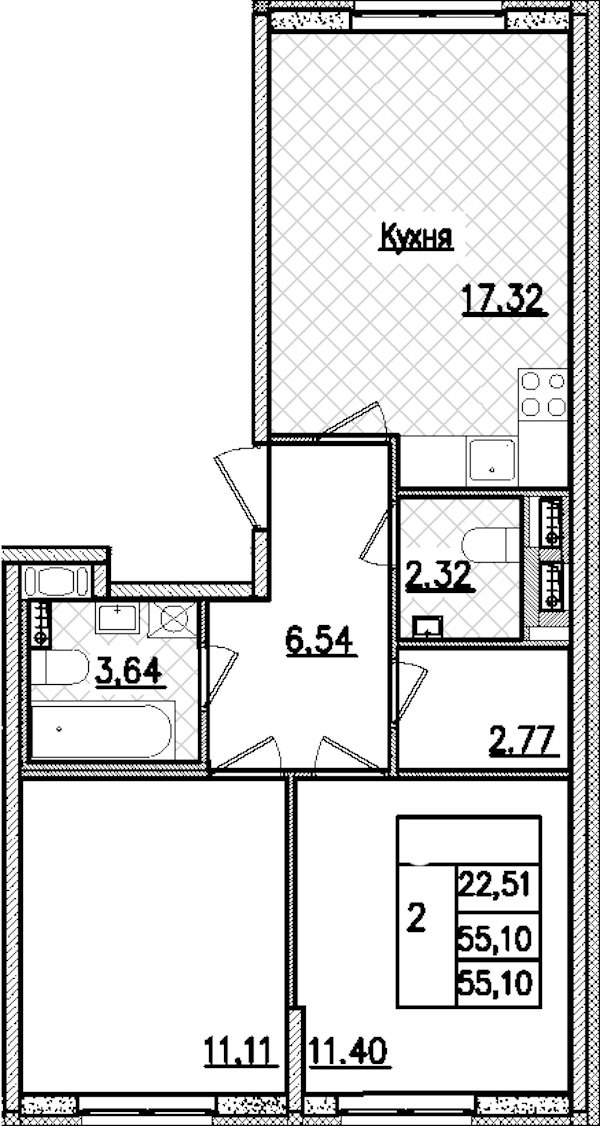 2-комнатная квартира 55.1 м², 2/9 эт., ЖК «Кинопарк»