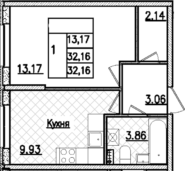 1-комнатная квартира 32.16 м², 2/9 эт., ЖК «Кинопарк»