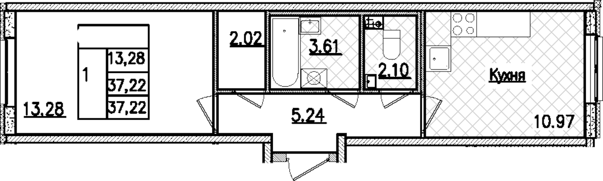 1-комнатная квартира 37.22 м², 2/9 эт., ЖК «Кинопарк»
