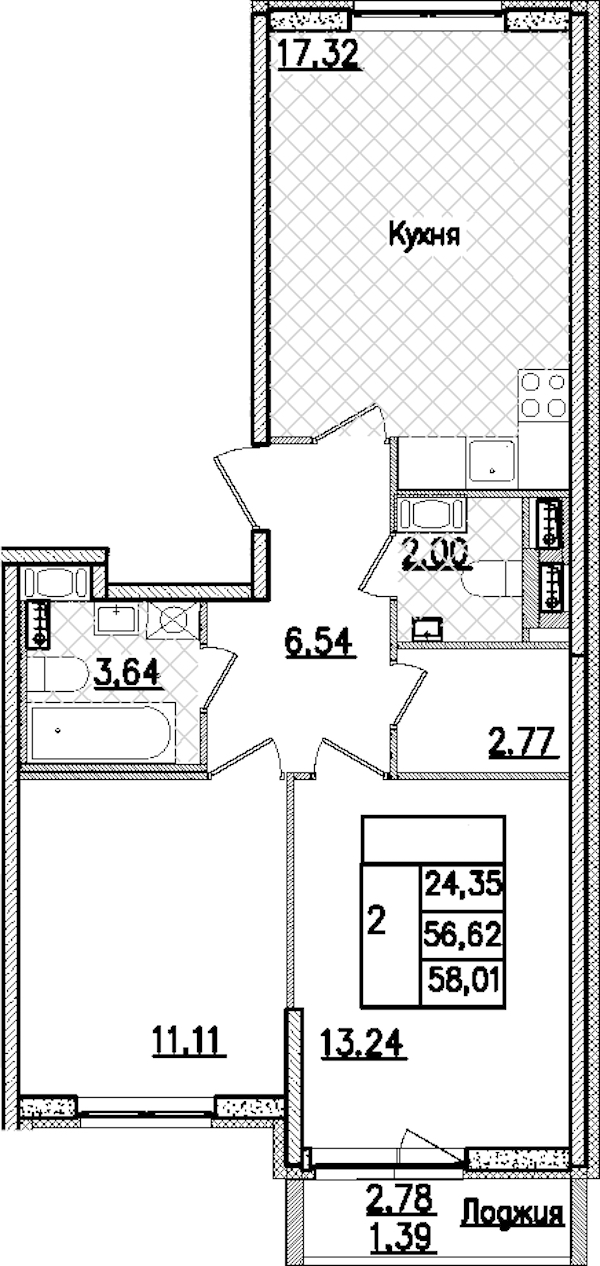 2-комнатная квартира 58.01 м², 3/9 эт., ЖК «Кинопарк»