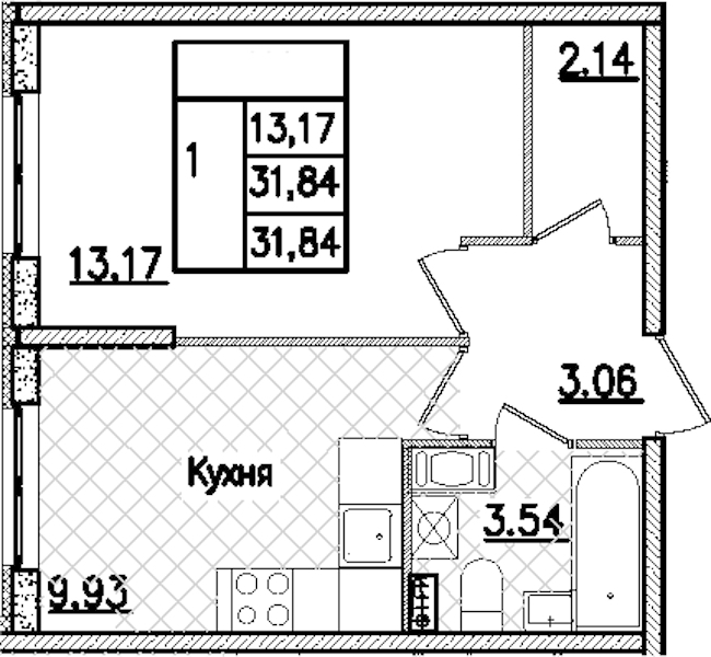 1-комнатная квартира 31.84 м², 3/9 эт., ЖК «Кинопарк»