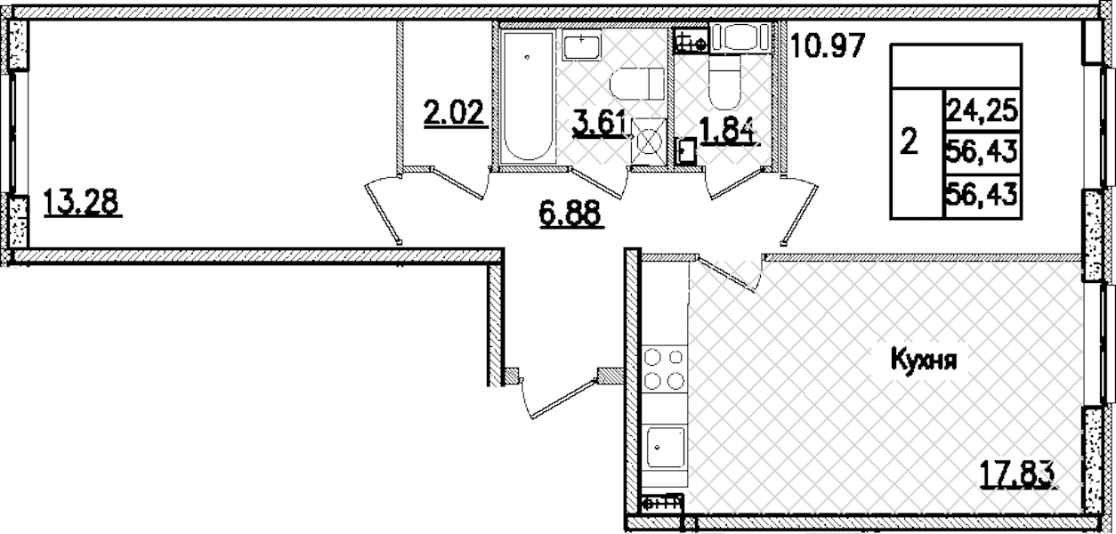 2-комнатная квартира 56.43 м², 3/9 эт., ЖК «Кинопарк»