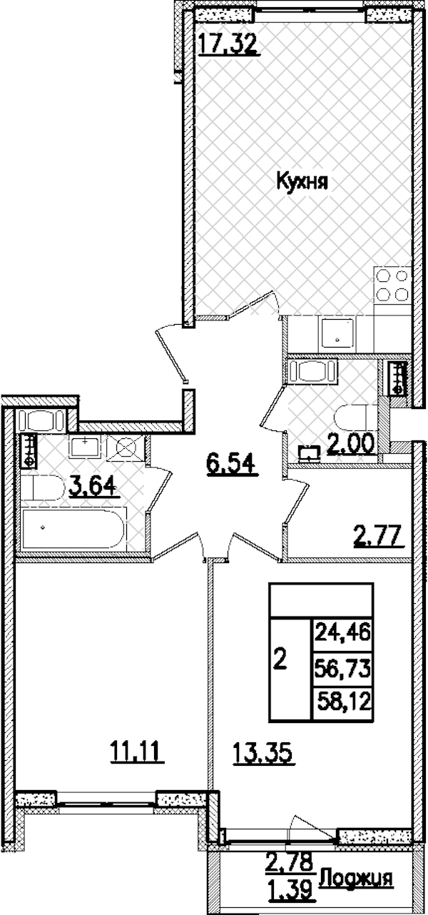 2-комнатная квартира 58.12 м², 7/9 эт., ЖК «Кинопарк»