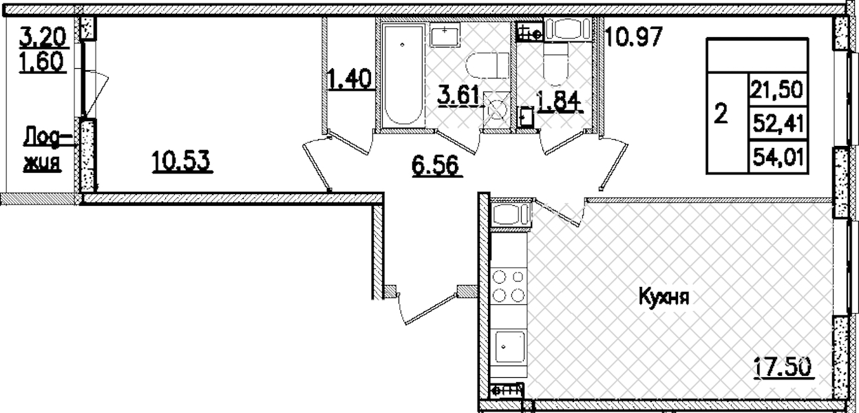 2-комнатная квартира 54.01 м², 7/9 эт., ЖК «Кинопарк»