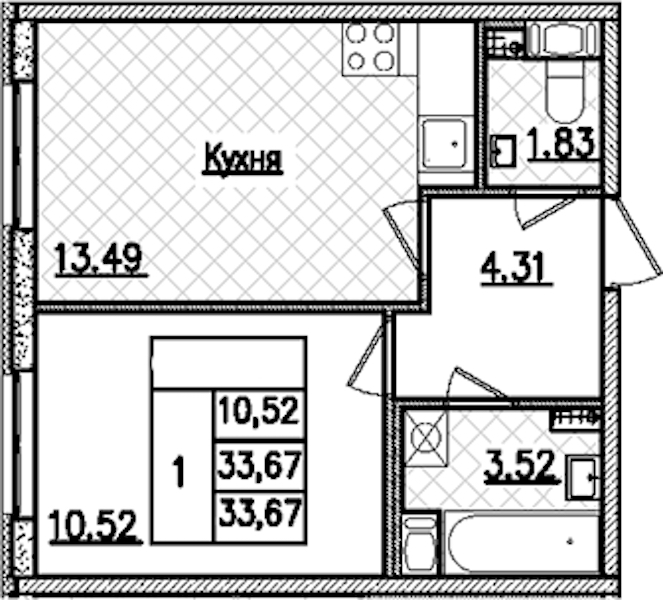 1-комнатная квартира 33.67 м², 2/9 эт., ЖК «Кинопарк»