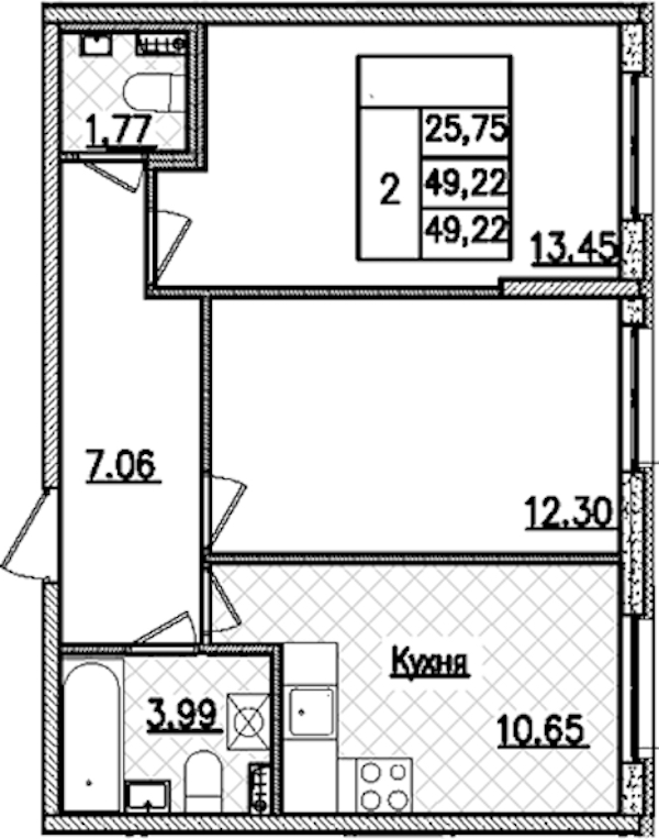 2-комнатная квартира 49.22 м², 2/9 эт., ЖК «Кинопарк»