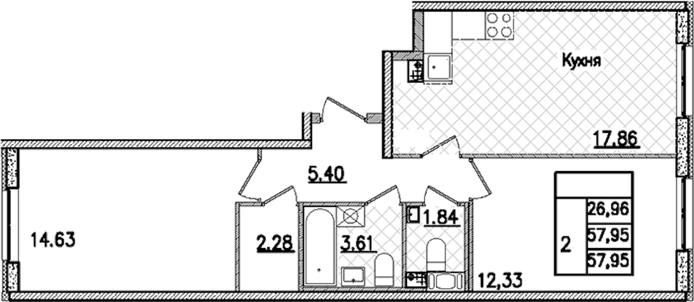 2-комнатная квартира 57.95 м², 3/9 эт., ЖК «Кинопарк»