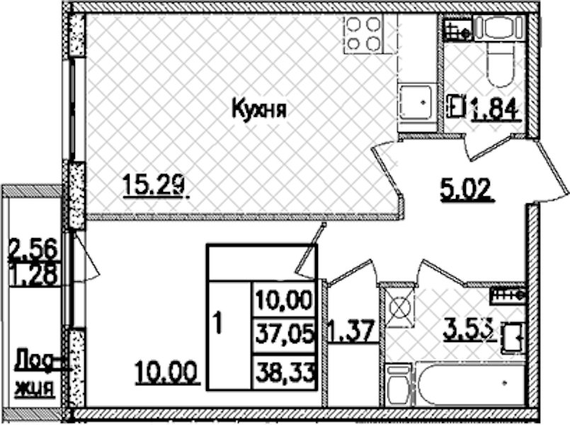 1-комнатная квартира 38.33 м², 3/9 эт., ЖК «Кинопарк»