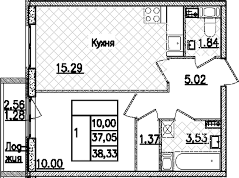 1-комнатная квартира 38.33 м², 7/9 эт., ЖК «Кинопарк»