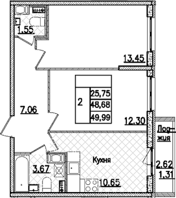 2-комнатная квартира 49.99 м², 7/9 эт., ЖК «Кинопарк»