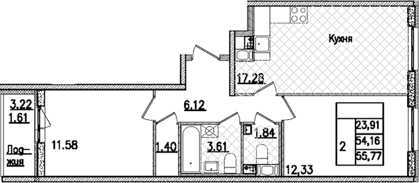 2-комнатная квартира 55.77 м², 9/9 эт., ЖК «Кинопарк»