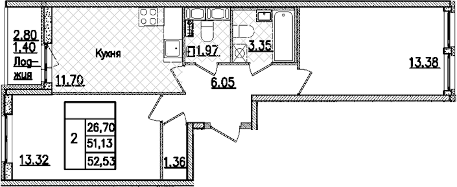 2-комнатная квартира 52.53 м², 9/9 эт., ЖК «Кинопарк»