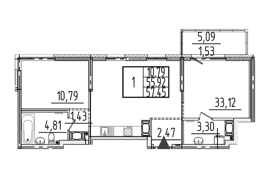 1-комнатная квартира 57.45 м², 17/26 эт., ЖК «Simple»