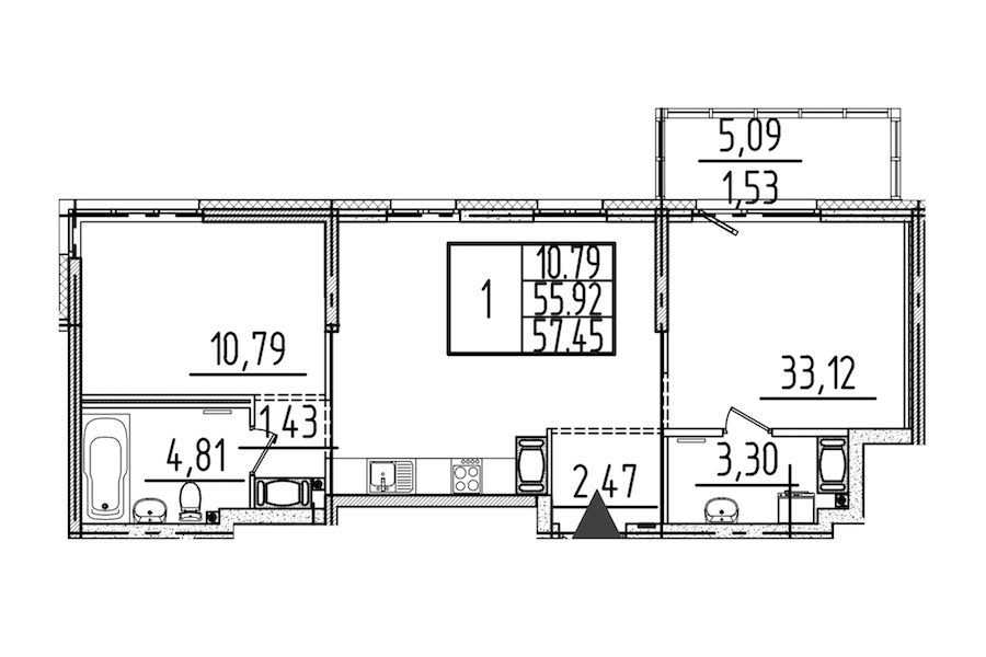 1-комнатная квартира 57.45 м², 2/26 эт., ЖК «Simple»