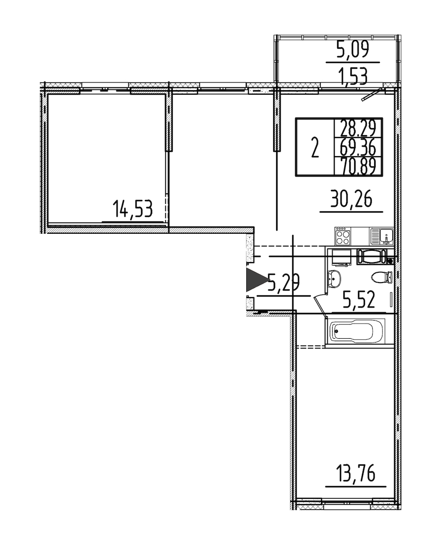 2-комнатная квартира 70.89 м², 4/26 эт., ЖК «Simple»