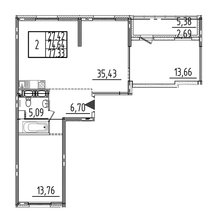 2-комнатная квартира 77.33 м², 19/26 эт., ЖК «Simple»