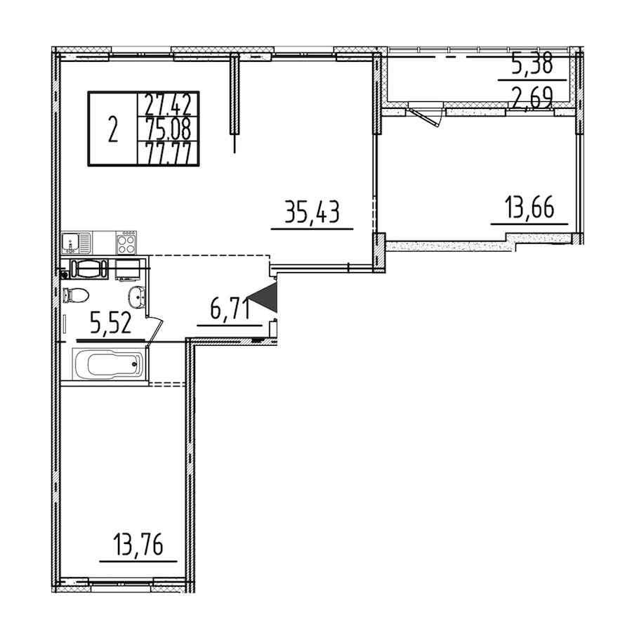 2-комнатная квартира 77.77 м², 13/26 эт., ЖК «Simple»
