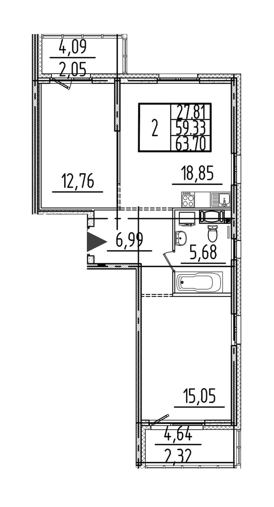 2-комнатная квартира 63.7 м², 10/26 эт., ЖК «Simple»