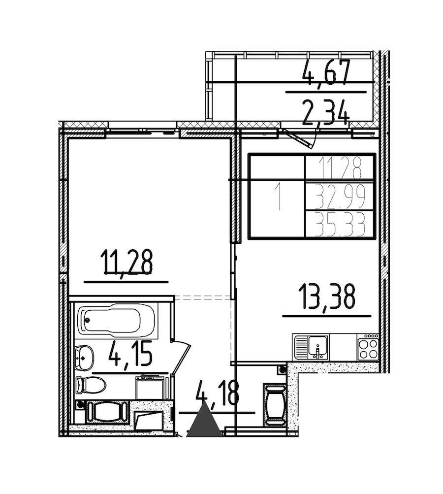 1-комнатная квартира 35.33 м², 26/26 эт., ЖК «Simple»